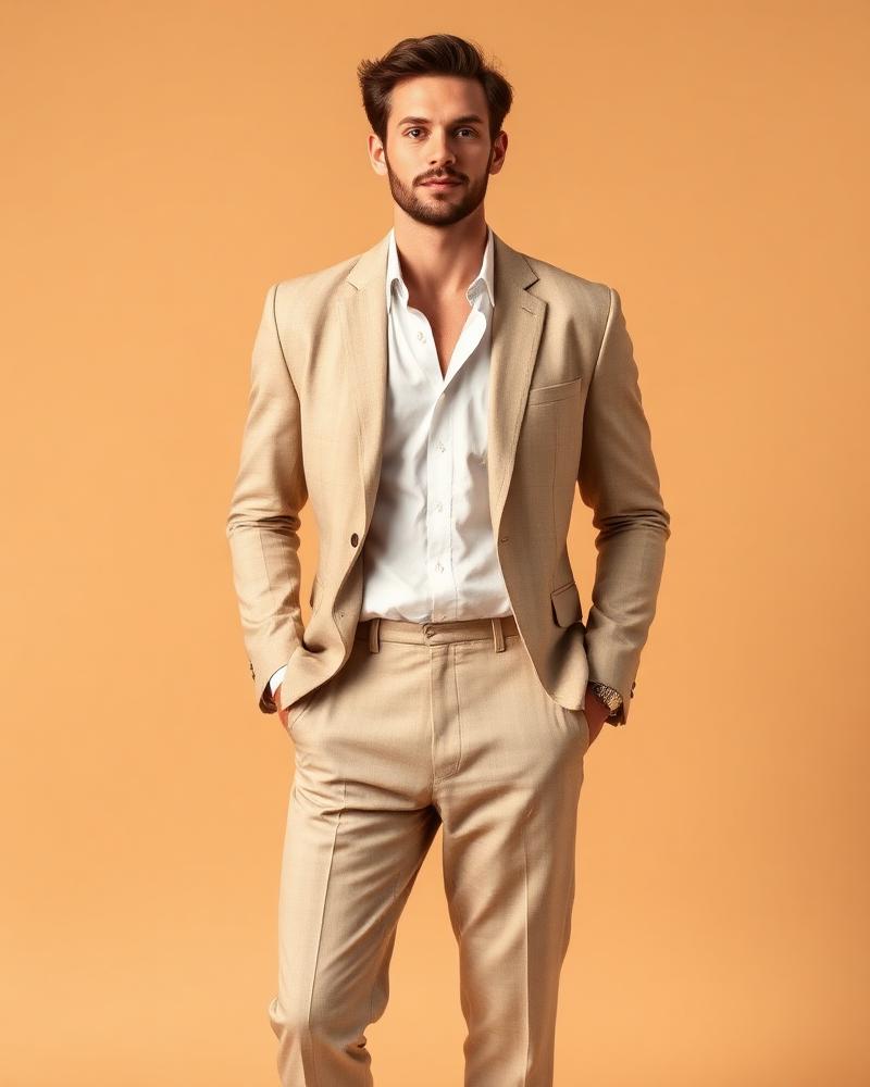 Erkek Bej Slim Fit Dar Kesim Mono Yaka Keten Takım Elbise